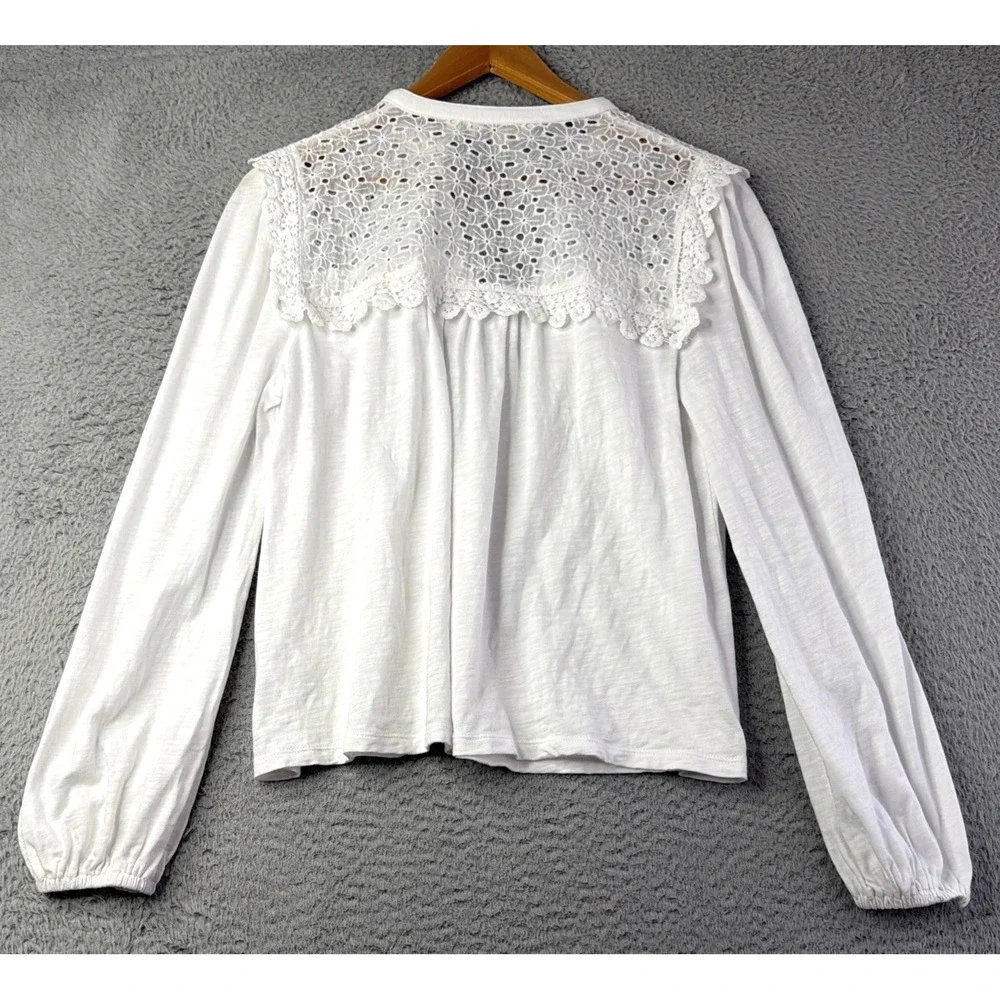 Boden Blouse Womens Size 10 White Eyelet V-Neck Long Sleeve Cotton Blend Boden